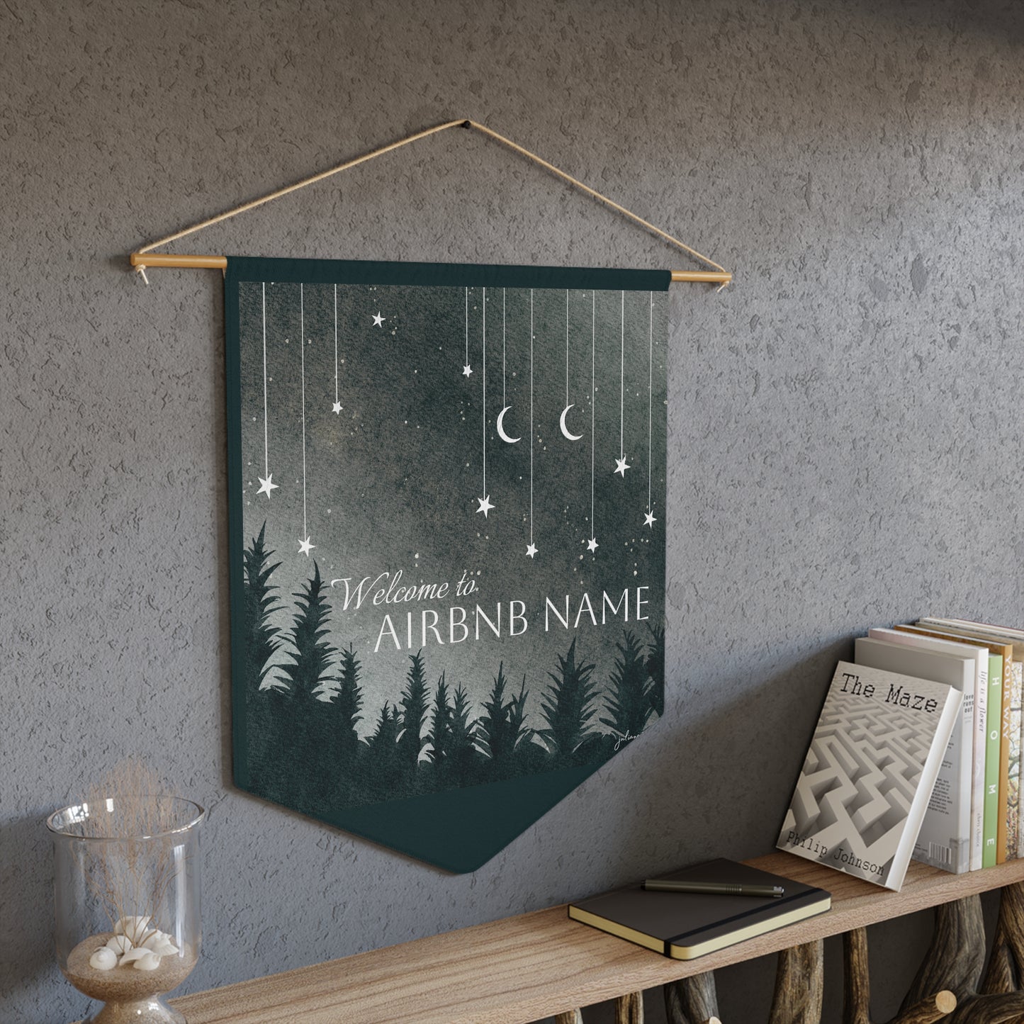 "Monochome Dream" Pennant Banner with Moon Stars and Forest to welcome guests to your BnB Vista Nuovo Fine Art Prints by Juliana2me