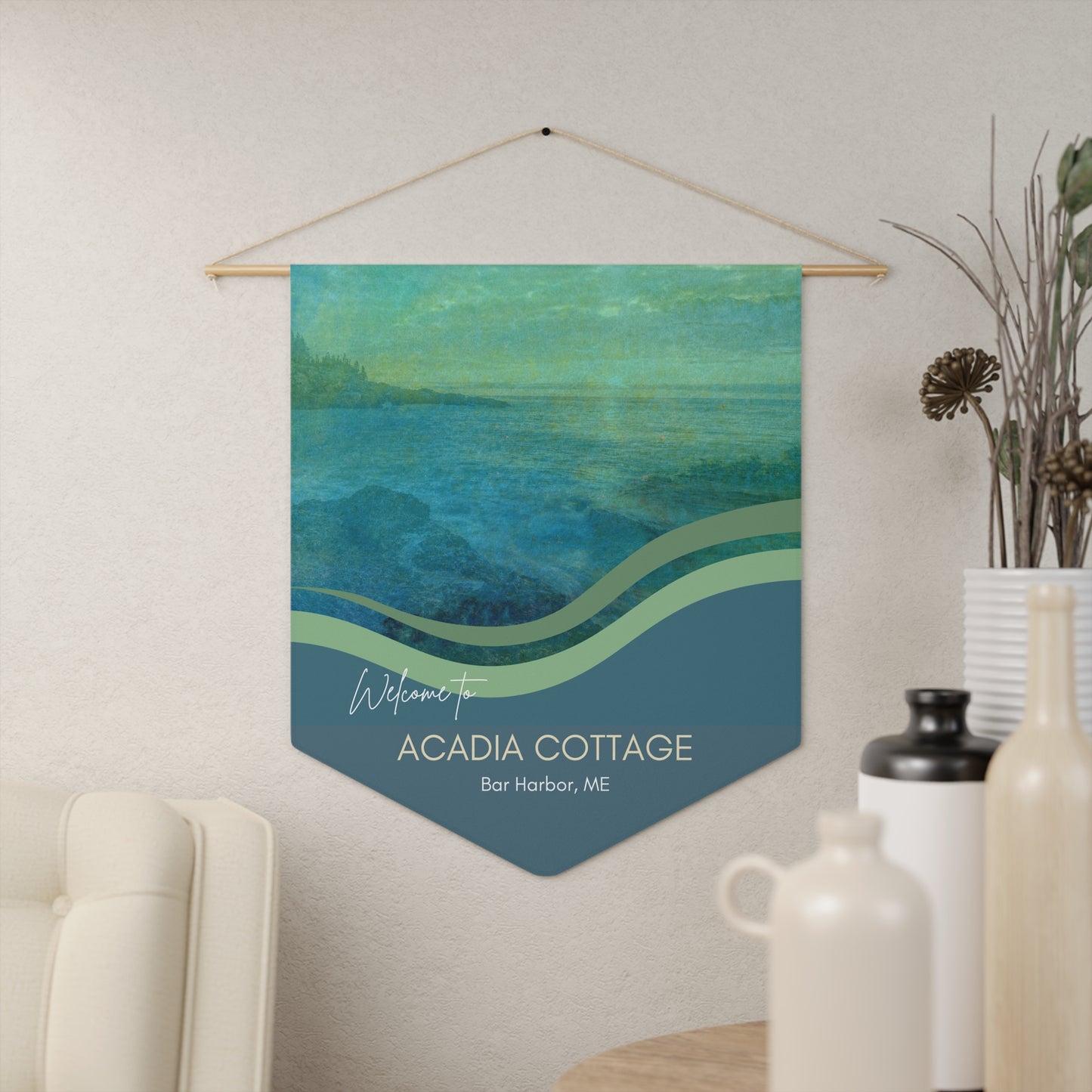 ACADIA Welcome Pennant Wall Hanging Welcome Sign for Maine Airbnb Hosts Personalizable Custom Design Vista Nuovo Fine Art Prints by Juliana2me
