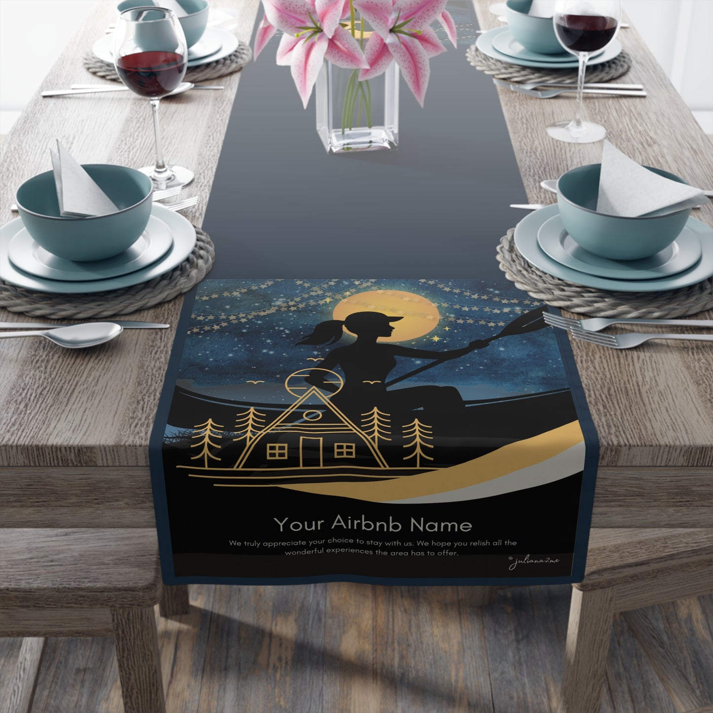 Table Runner - Lake House Decor Paddle Canoe Starry Night Design Vista Nuovo Fine Art Prints by Juliana2me
