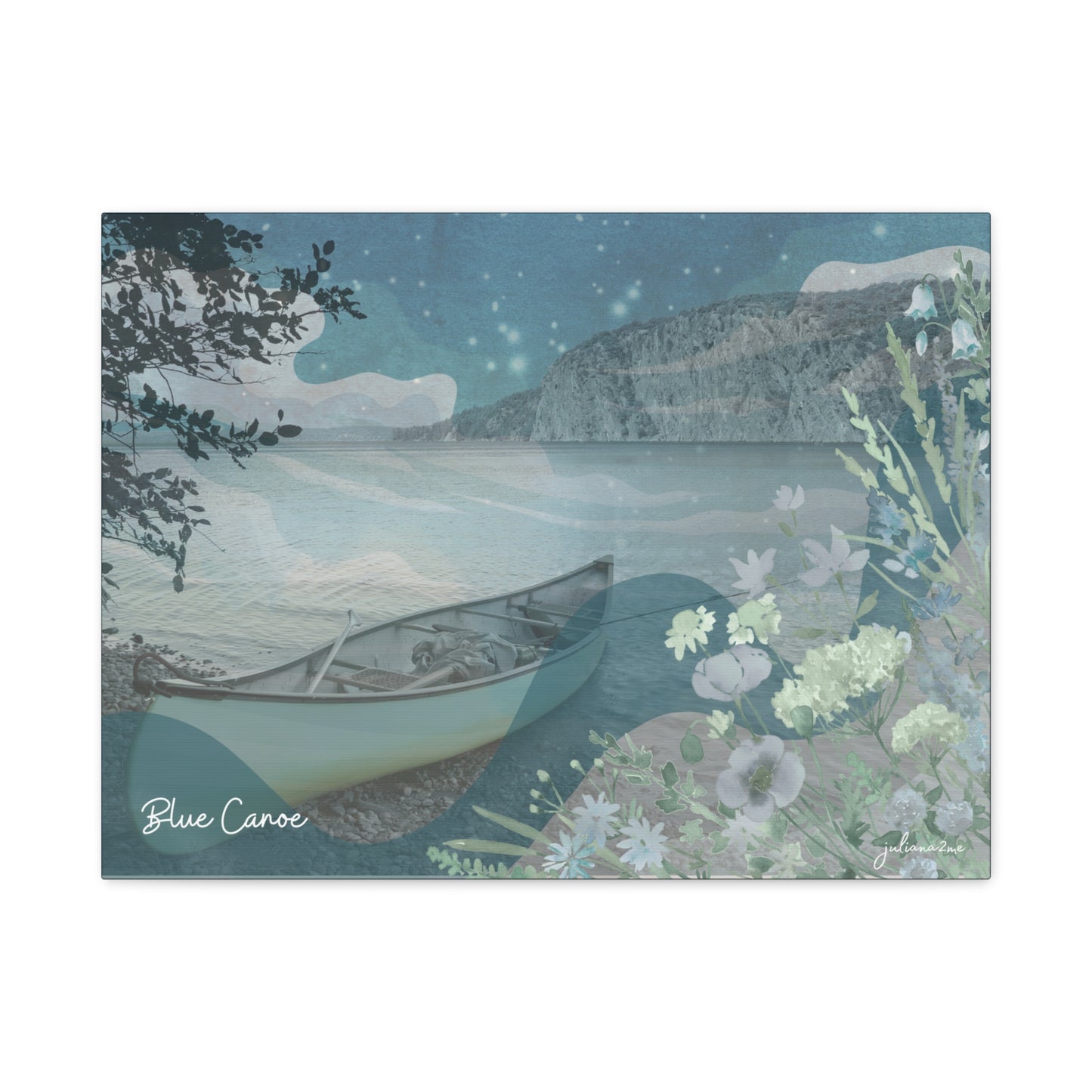 Blue Canoe Serene Landscape Canvas wall Art for Lakeside Airbnb Vacation Rental Homes Vista Nuovo Fine Art Prints by Juliana2me