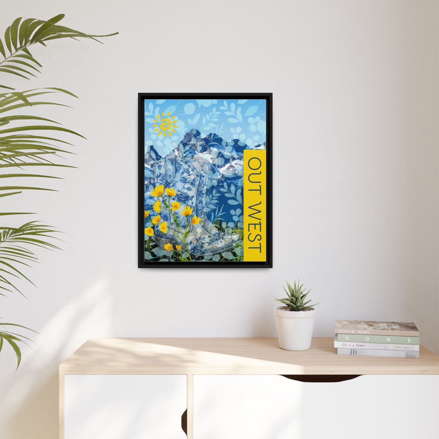 "Out West" Themed Framed Canvas Art, Colorful Mountain Decor, Western Style Wall Art, for Airbnb Home and Cabin Decor Vista Nuovo Fine Art Prints by Juliana2me
