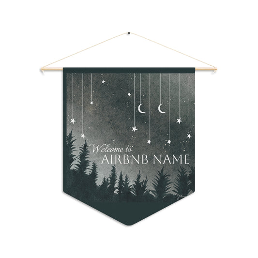 "Monochome Dream" Pennant Banner with Moon Stars and Forest to welcome guests to your BnB