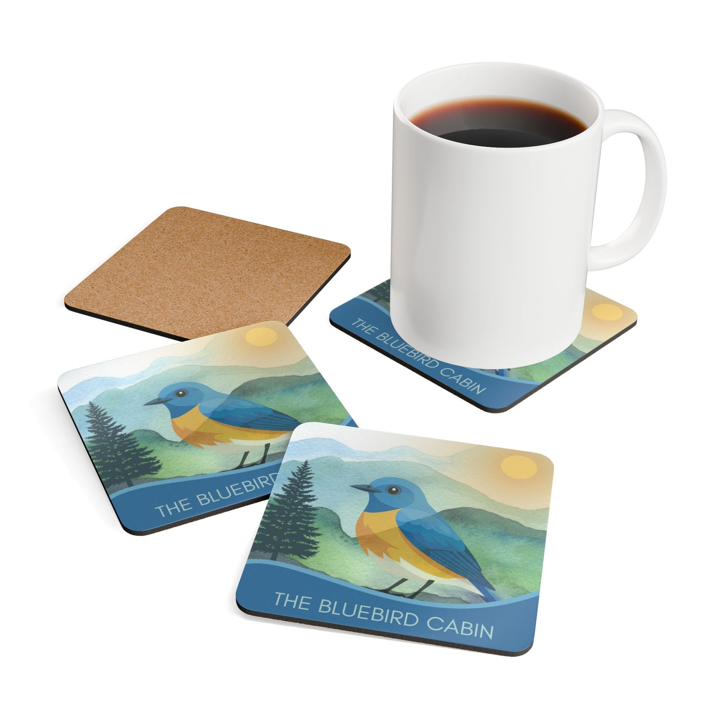 Bluebird Cabin Cork Coaster Set – Rustic Nature Drink Coasters Vista Nuovo Fine Art Prints by Juliana2me