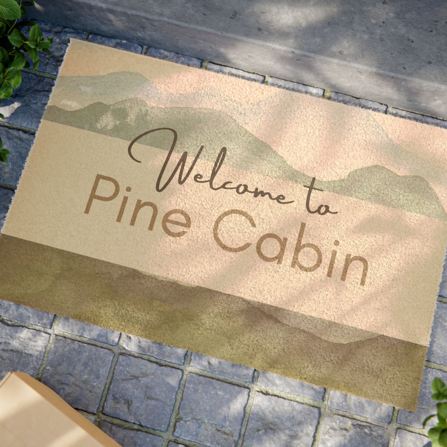 Doormat - Personalized Airbnb Welcome Message with Soft Mountain Backdrop Vista Nuovo Fine Art Prints by Juliana2me