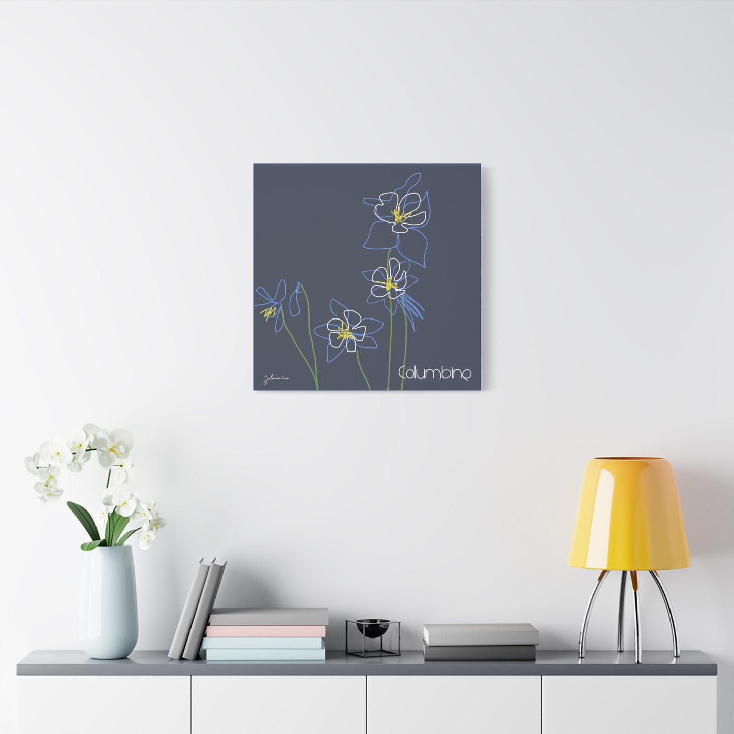 Blue Colombine Floral Line Art Canvas Print, Stretched Wall Decor, Modern Home Art, , Botanical Artwork, Blue Flower Print for Airbnb Vacation Homes Vista Nuovo Fine Art Prints by Juliana2me