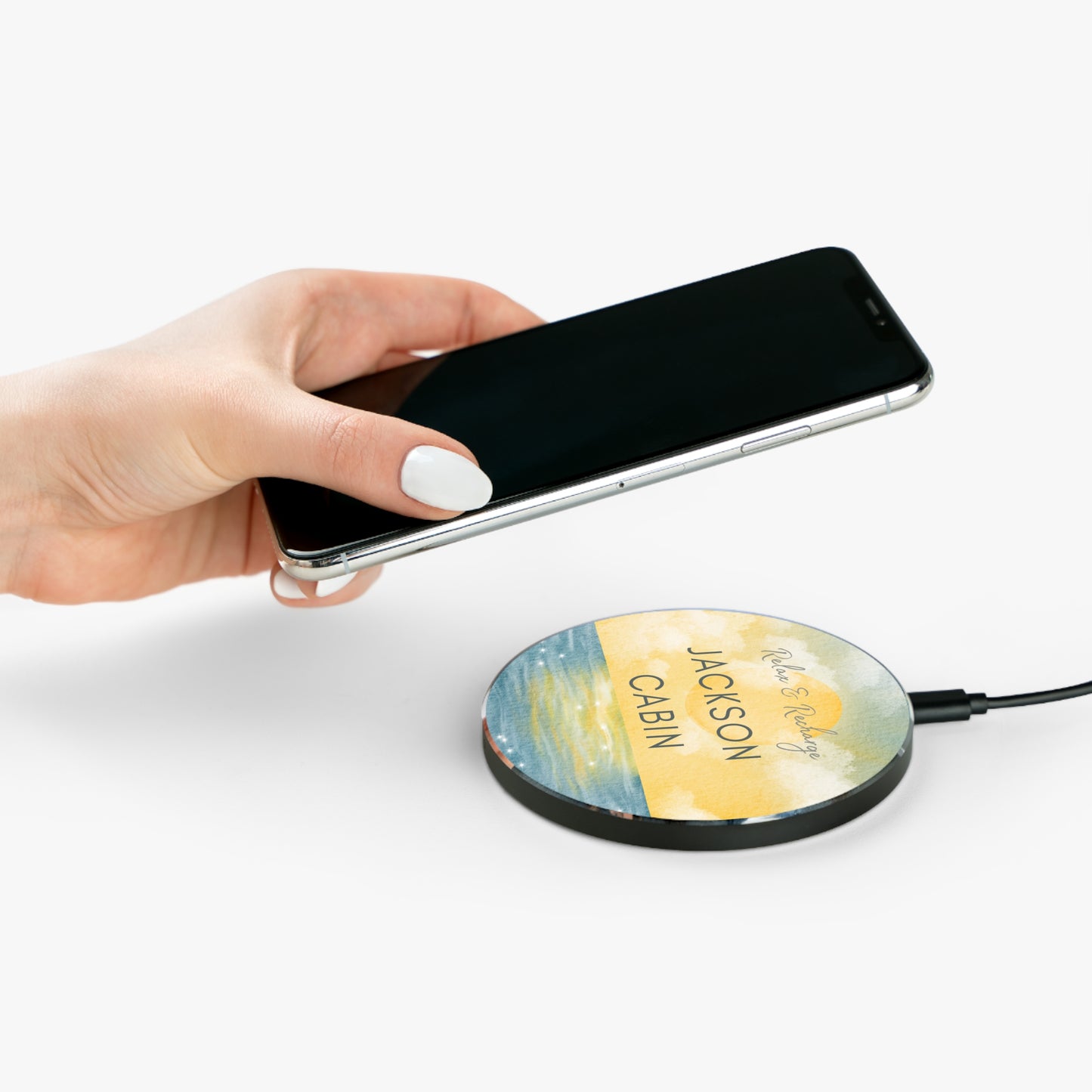 Wireless Charger - Morning Sea Watercolor with Custom Airbnb Vacation Rental Name Vista Nuovo Fine Art Prints by Juliana2me