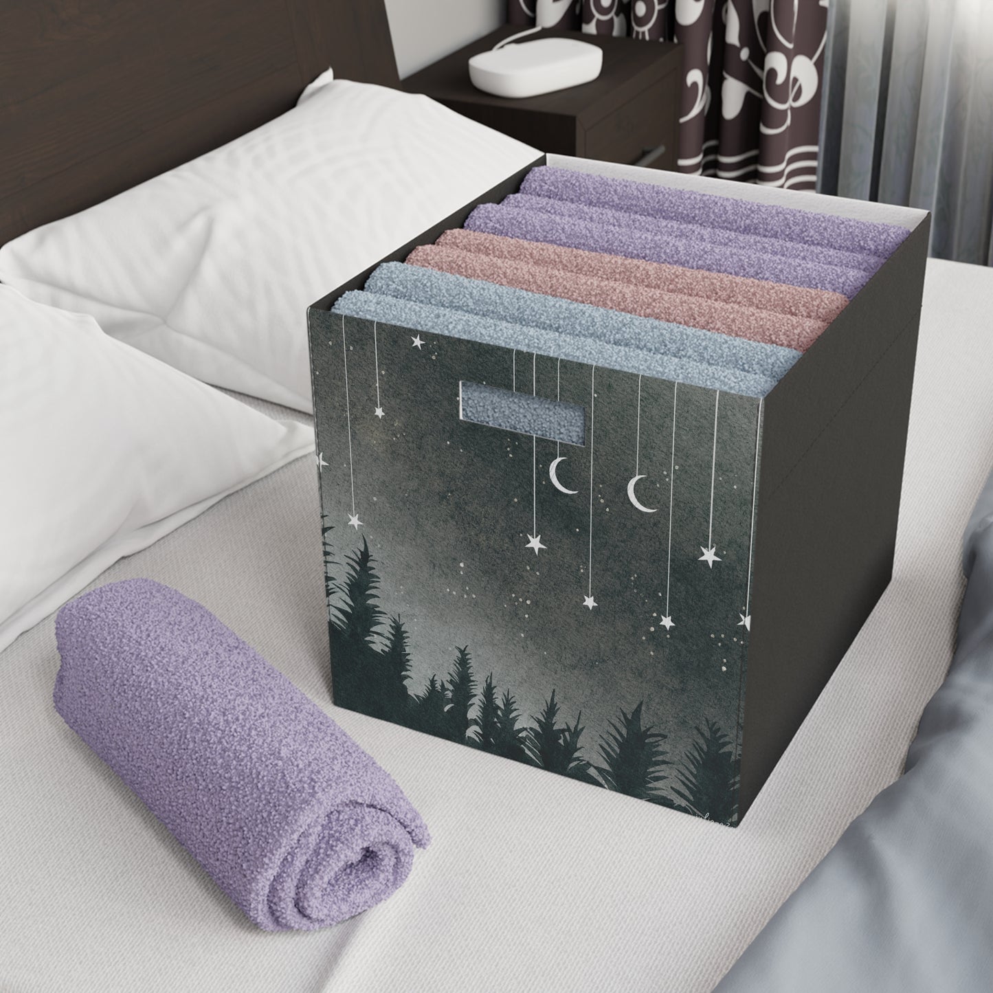 Felt Storage Box Organizer - Monochrome Dream Forest Moons and Stars for Aribnb Guest Towels Vista Nuovo Fine Art Prints by Juliana2me
