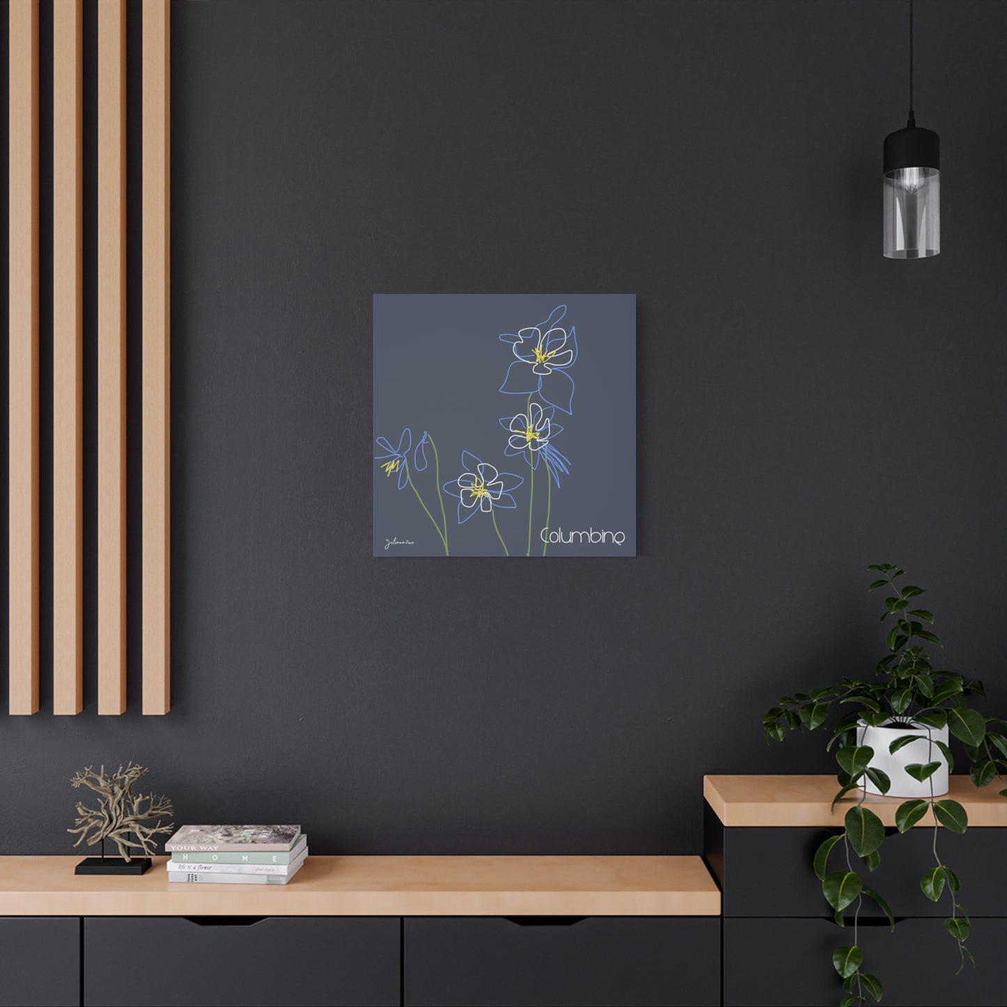 Blue Colombine Floral Line Art Canvas Print, Stretched Wall Decor, Modern Home Art, , Botanical Artwork, Blue Flower Print for Airbnb Vacation Homes Vista Nuovo Fine Art Prints by Juliana2me