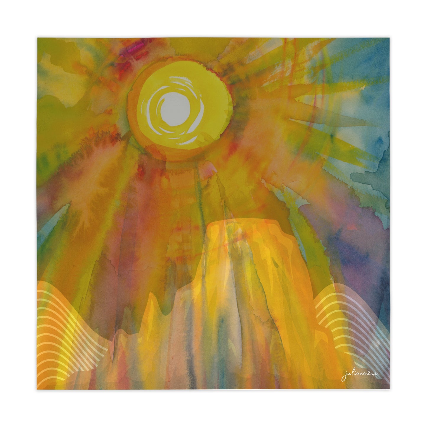 Sun on Butte Vibrant Sunrise Tablecloth - Colorful Watercolor Design for Dining Table of your Airbnb in the Desert Vista Nuovo Fine Art Prints by Juliana2me