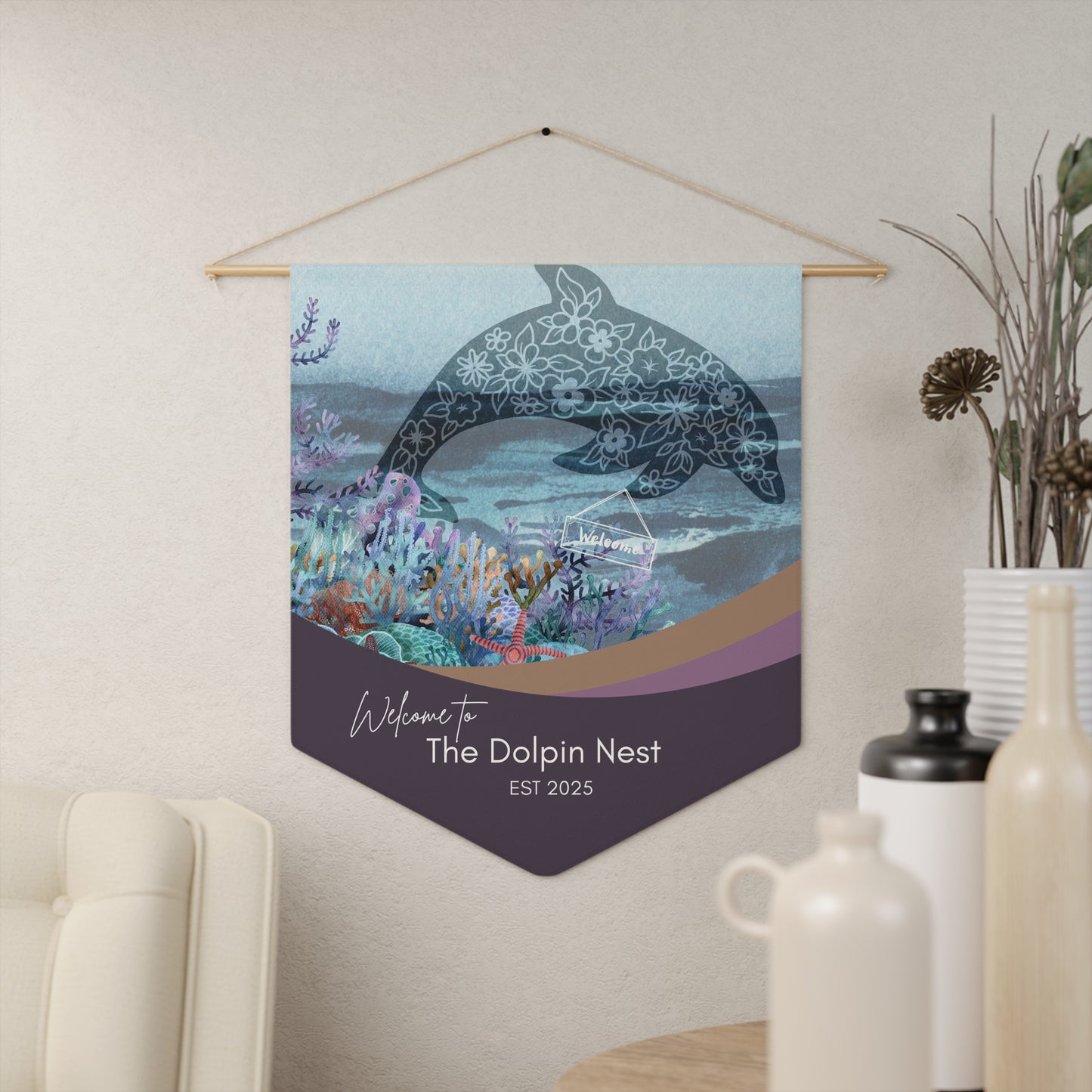 Personalized Dophin Pennant for Airbnb Hosts to Welcome Guests-Great for Beach Locations Vista Nuovo Fine Art Prints by Juliana2me