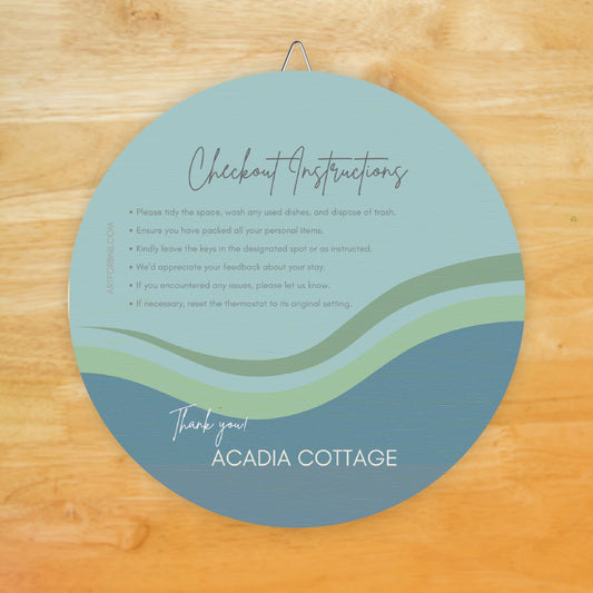 ACADIA DESIGN Custom Airbnb Round Wood Checkout Sign