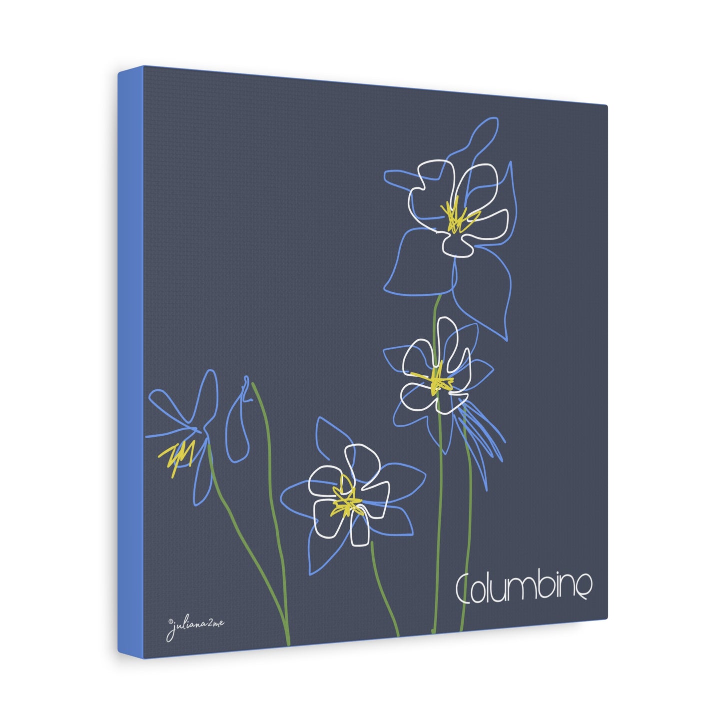 Blue Colombine Floral Line Art Canvas Print, Stretched Wall Decor, Modern Home Art, , Botanical Artwork, Blue Flower Print for Airbnb Vacation Homes Vista Nuovo Fine Art Prints by Juliana2me