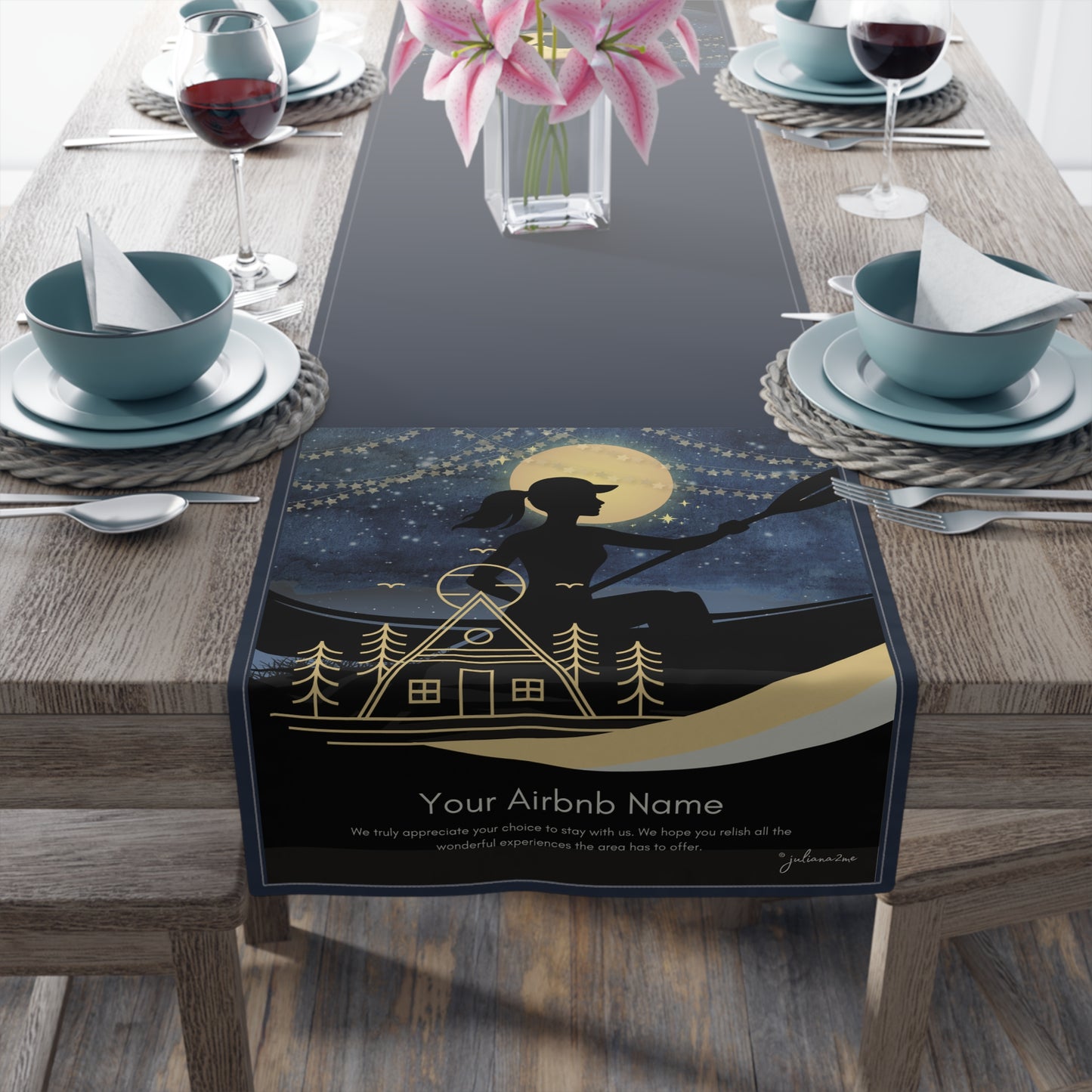 Table Runner - Lake House Decor Paddle Canoe Starry Night Design Vista Nuovo Fine Art Prints by Juliana2me