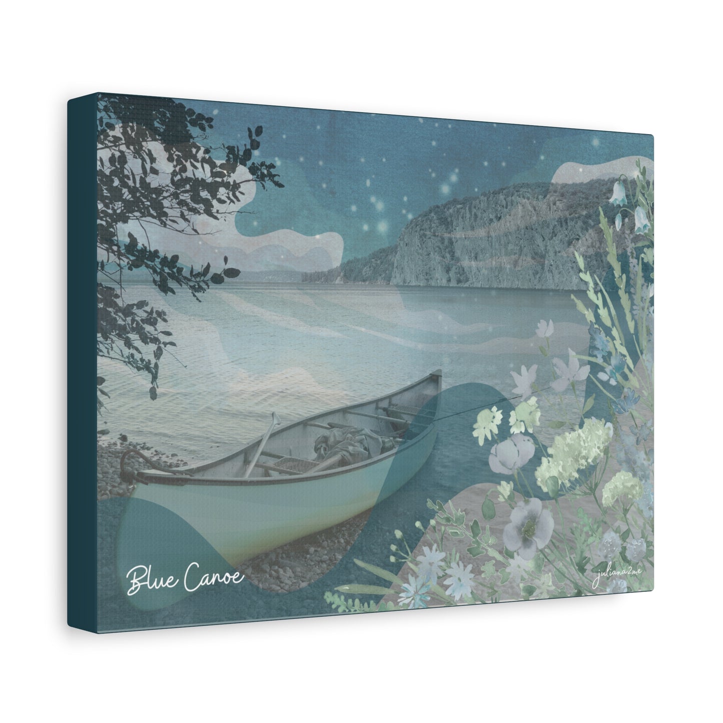 Blue Canoe Serene Landscape Canvas wall Art for Lakeside Airbnb Vacation Rental Homes Vista Nuovo Fine Art Prints by Juliana2me