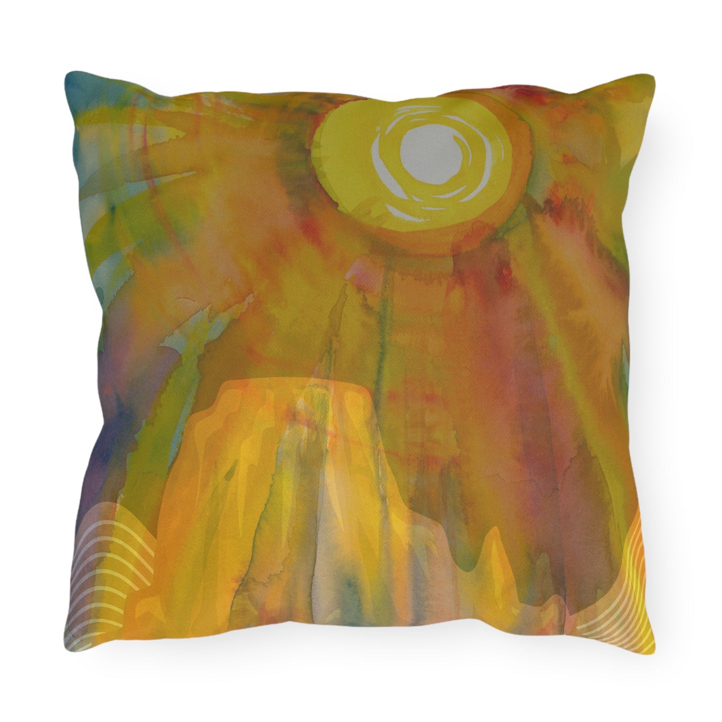 Sun on Butte Vibrant Outdoor Pillows - Watercolor Sun and Mountain Design for Patio Decor Desert or Country Airbnb/Vrbo/Homeaway Vacation Spaces Vista Nuovo Fine Art Prints by Juliana2me