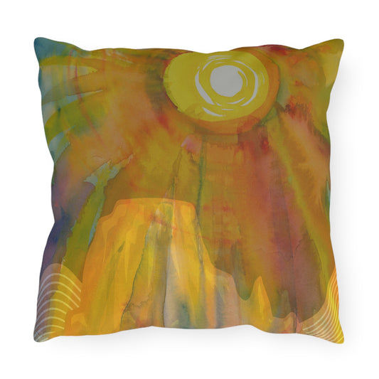 Sun on Butte Vibrant Outdoor Pillows - Watercolor Sun and Mountain Design for Patio Decor Desert or Country Airbnb/Vrbo/Homeaway Vacation Spaces