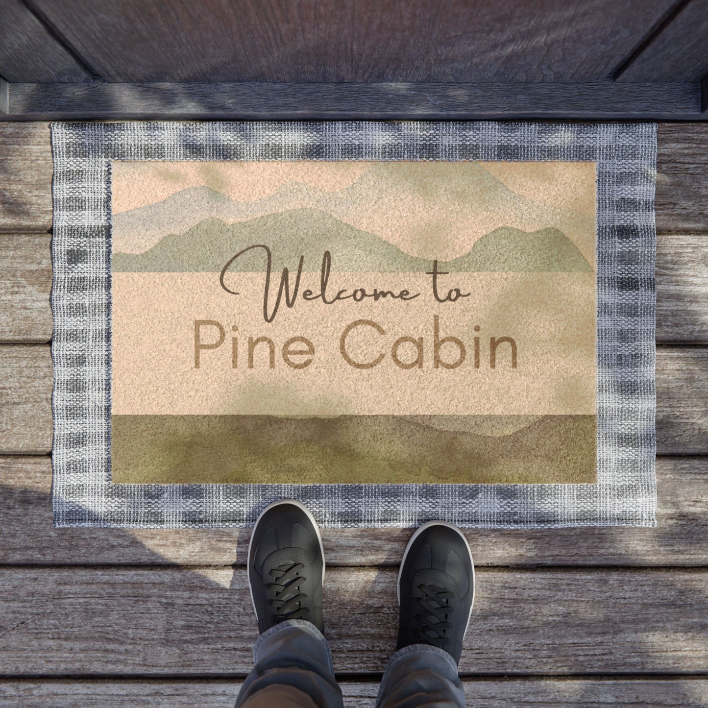 Doormat - Personalized Airbnb Welcome Message with Soft Mountain Backdrop Vista Nuovo Fine Art Prints by Juliana2me