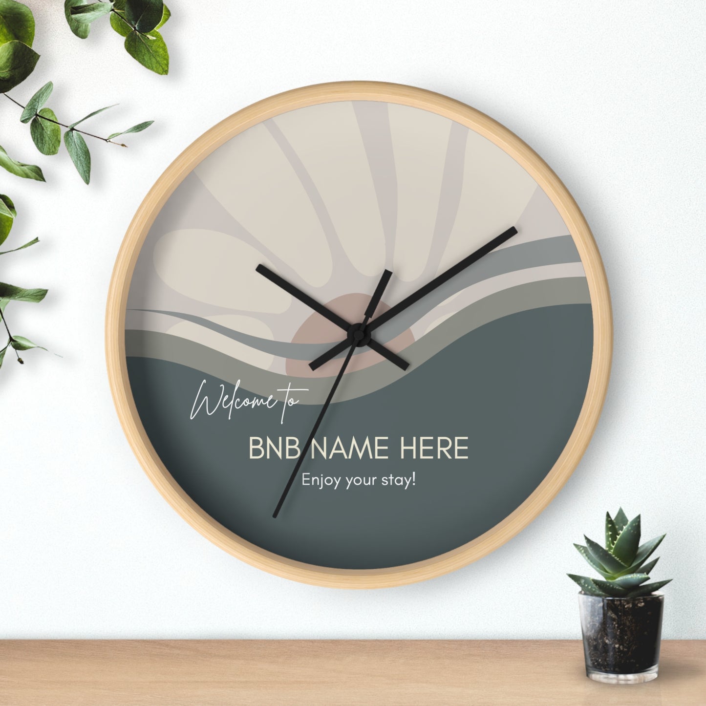 Sun Flower Wall Clock - Modern Minimal Style with Customizable Vacation Rental Home Name Vista Nuovo Fine Art Prints by Juliana2me