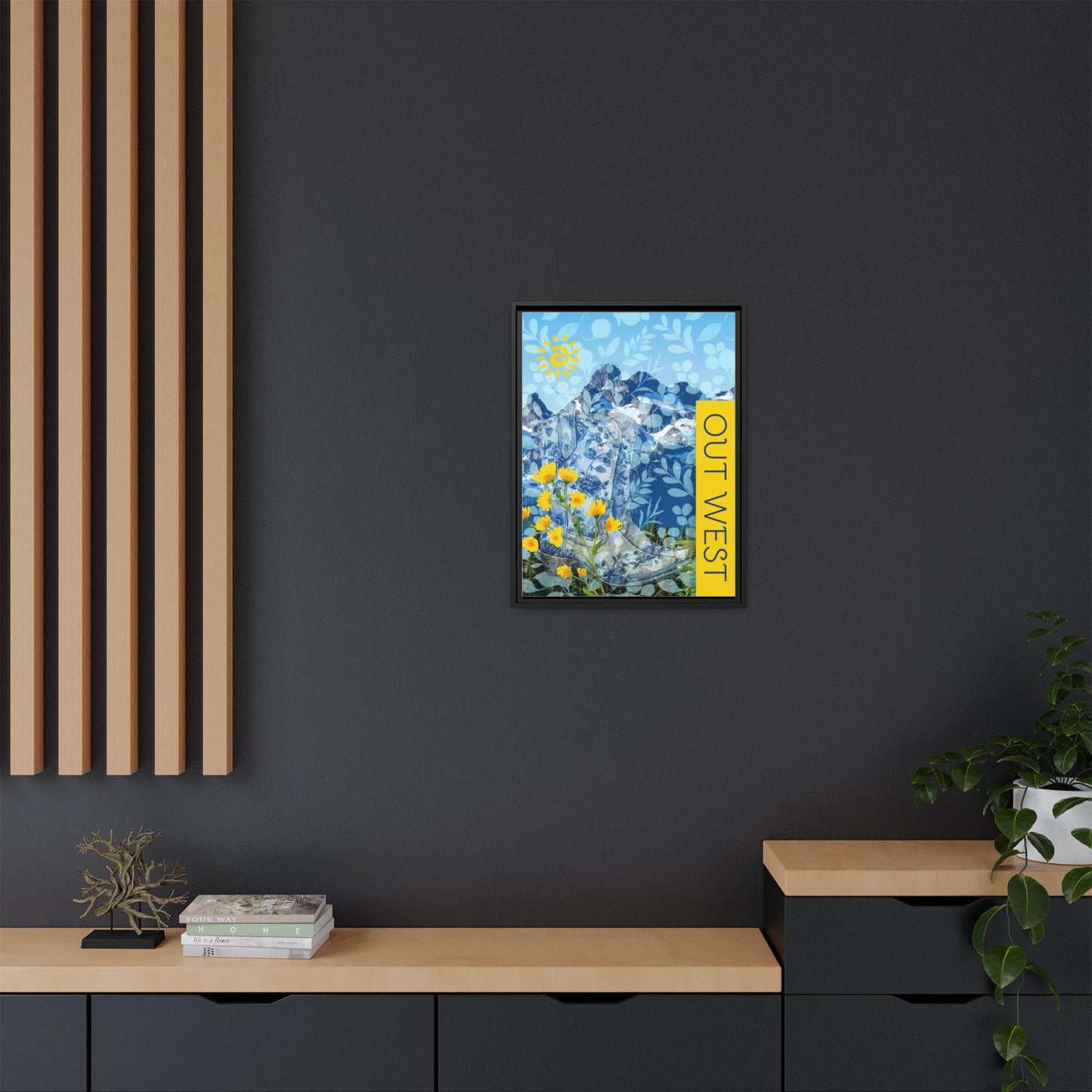 "Out West" Themed Framed Canvas Art, Colorful Mountain Decor, Western Style Wall Art, for Airbnb Home and Cabin Decor Vista Nuovo Fine Art Prints by Juliana2me