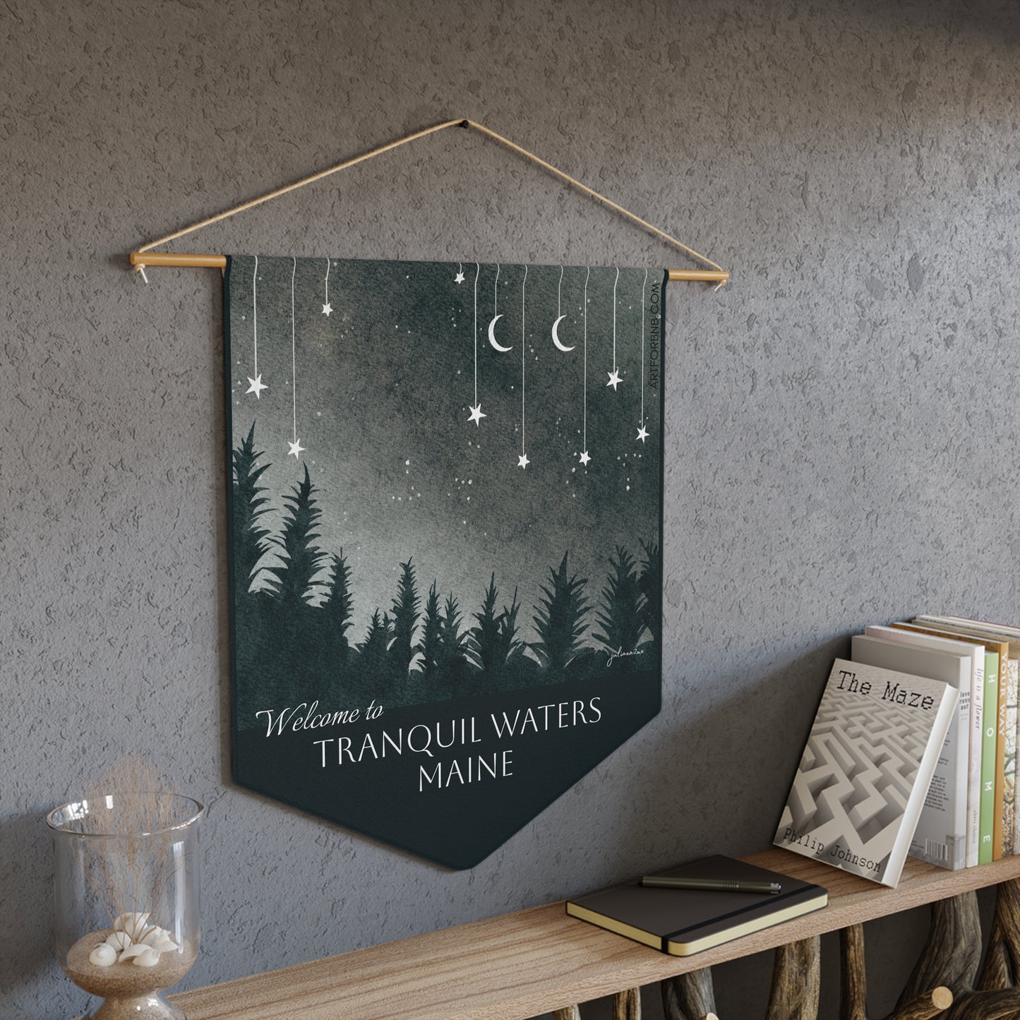 Tanquil Waters Maine Welcome Pennant Banner with Moon Stars and Forest to welcome guests Vista Nuovo Fine Art Prints by Juliana2me