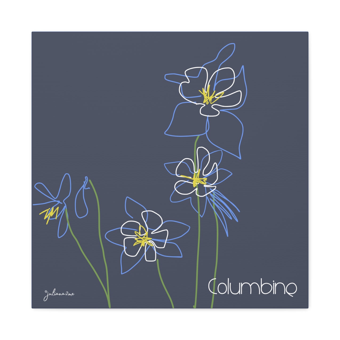 Blue Colombine Floral Line Art Canvas Print, Stretched Wall Decor, Modern Home Art, , Botanical Artwork, Blue Flower Print for Airbnb Vacation Homes Vista Nuovo Fine Art Prints by Juliana2me