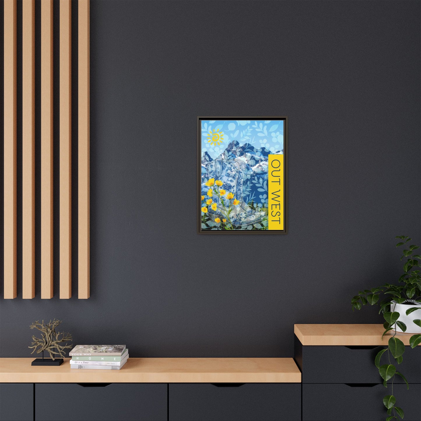 "Out West" Themed Framed Canvas Art, Colorful Mountain Decor, Western Style Wall Art, for Airbnb Home and Cabin Decor Vista Nuovo Fine Art Prints by Juliana2me