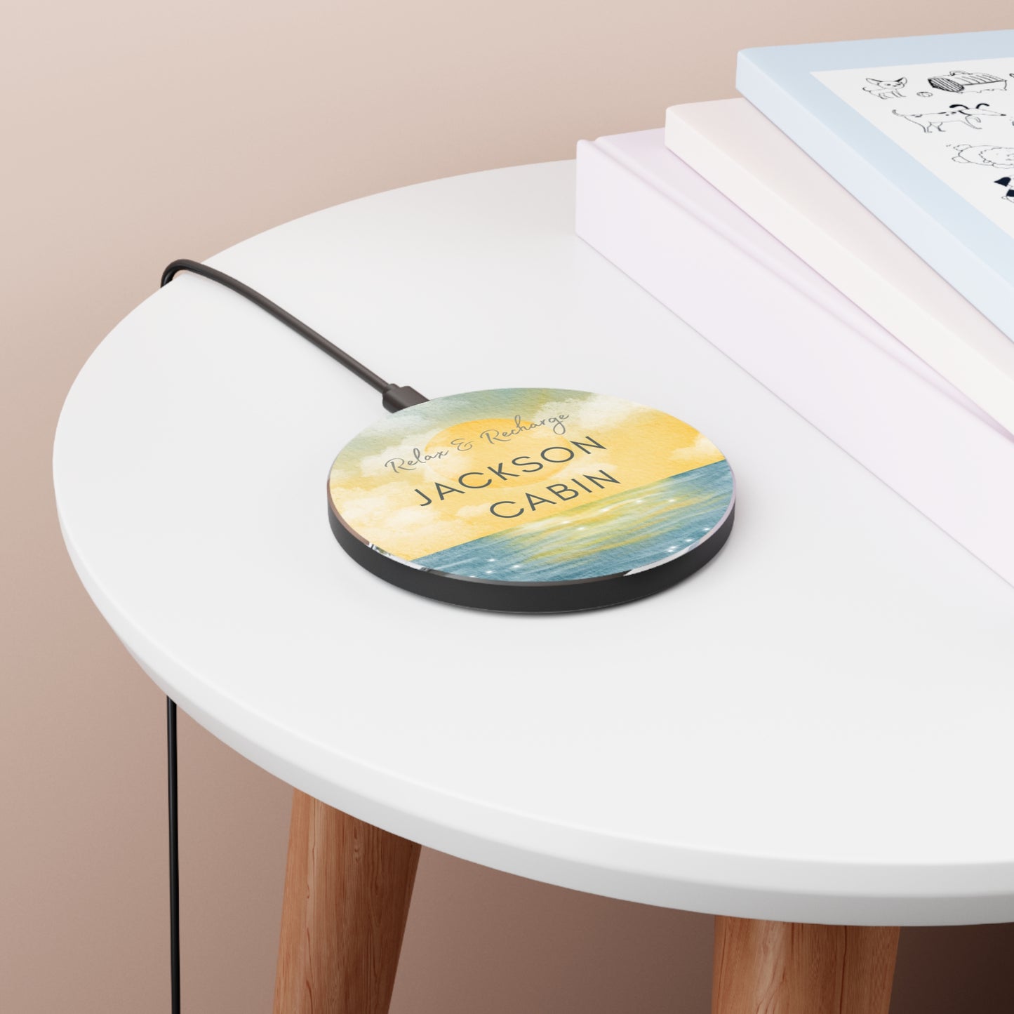 Wireless Charger - Morning Sea Watercolor with Custom Airbnb Vacation Rental Name Vista Nuovo Fine Art Prints by Juliana2me