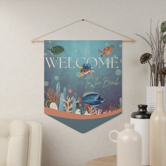 Pennant Wall Decor -Beach Welcome Sign with Sea Turtles Coral, Fish in Ocean Colors