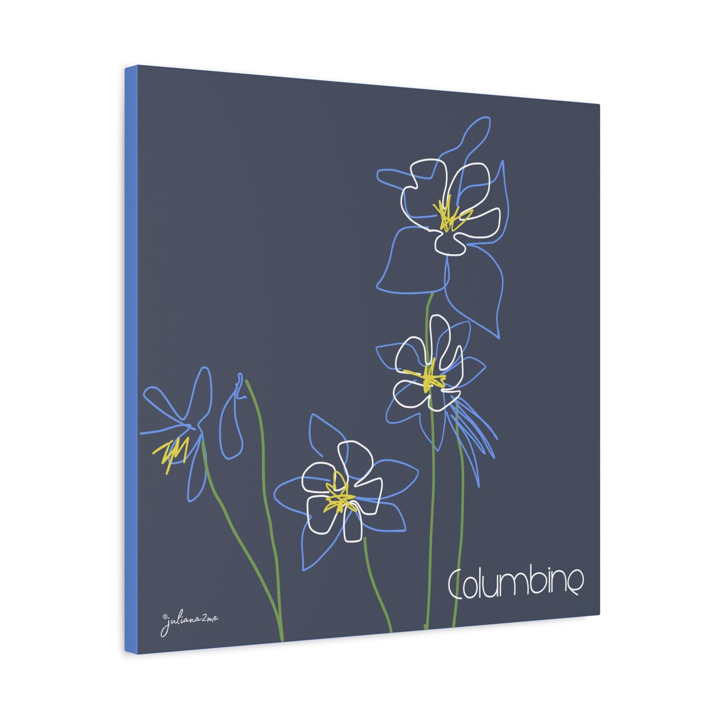 Blue Colombine Floral Line Art Canvas Print, Stretched Wall Decor, Modern Home Art, , Botanical Artwork, Blue Flower Print for Airbnb Vacation Homes Vista Nuovo Fine Art Prints by Juliana2me
