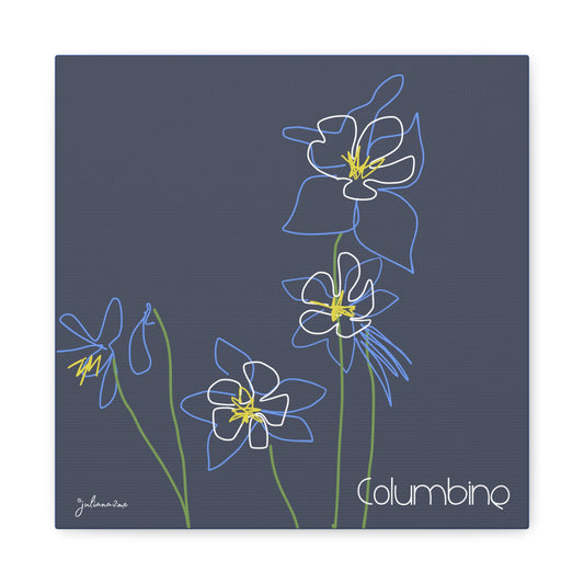 Blue Colombine Floral Line Art Canvas Print, Stretched Wall Decor, Modern Home Art, , Botanical Artwork, Blue Flower Print for Airbnb Vacation Homes