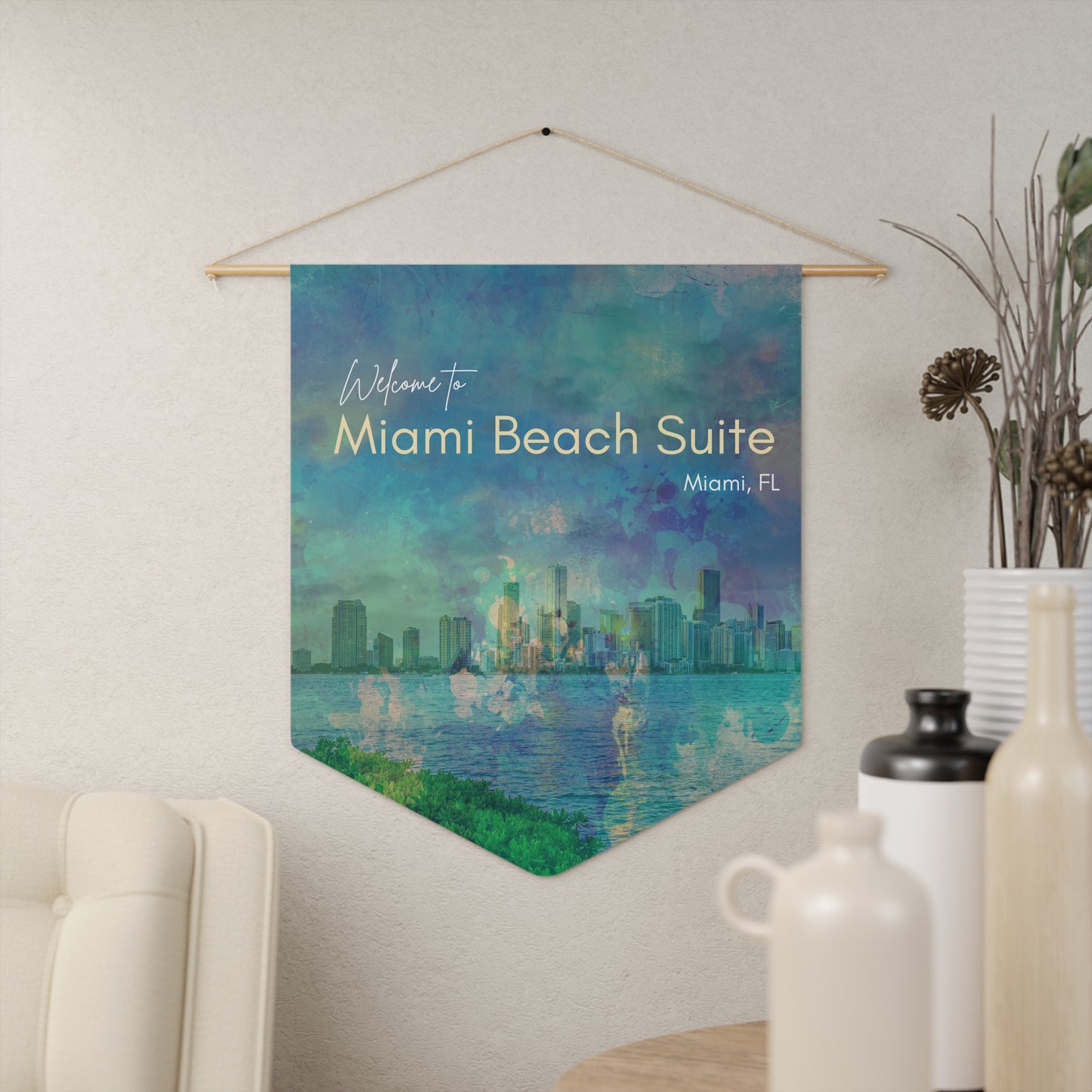 Welcome to Miami Beach Suite Pennant, Coastal Home Decor, Airbnb Beach House Wall Art, Personalized with the name of your STR Vista Nuovo Fine Art Prints by Juliana2me