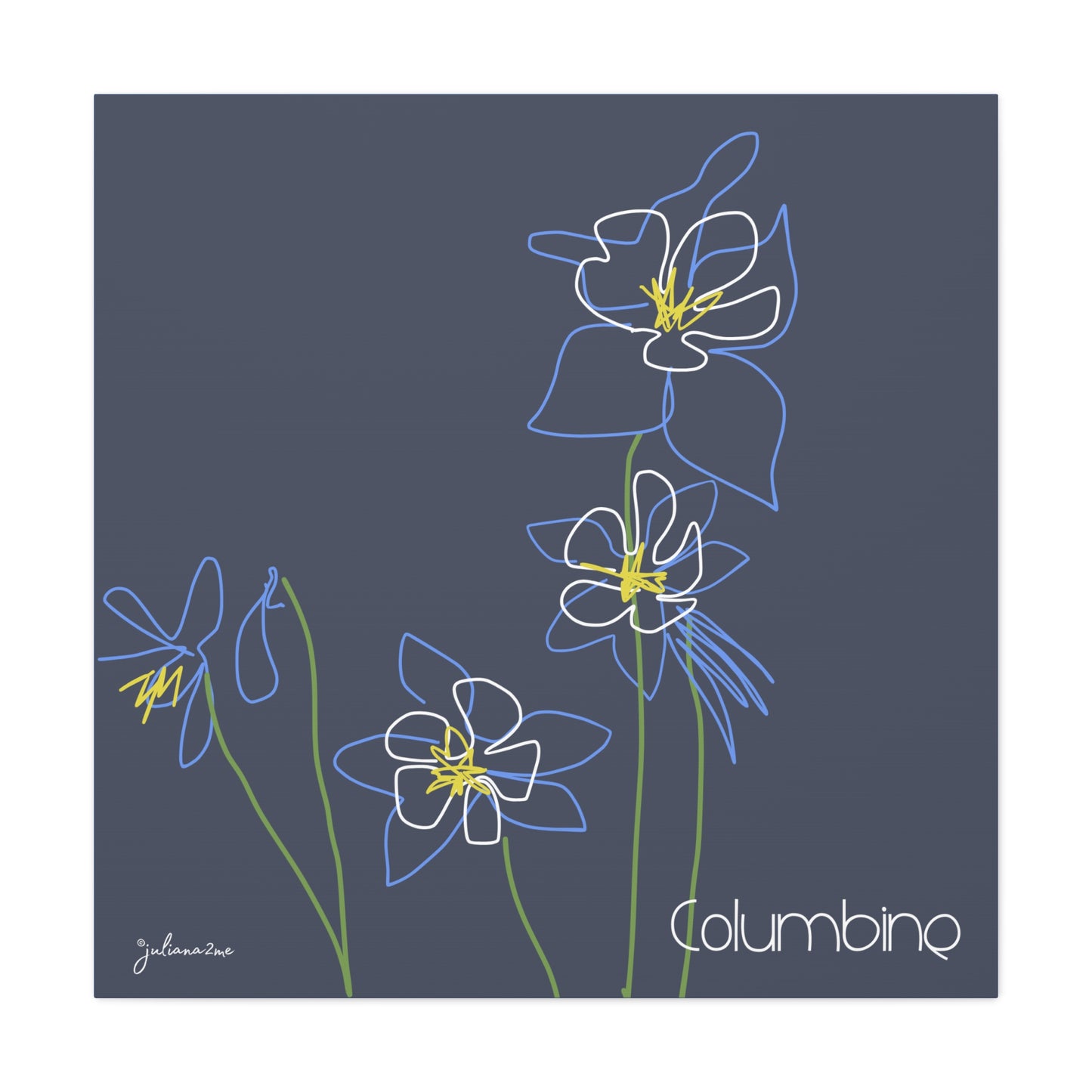 Blue Colombine Floral Line Art Canvas Print, Stretched Wall Decor, Modern Home Art, , Botanical Artwork, Blue Flower Print for Airbnb Vacation Homes Vista Nuovo Fine Art Prints by Juliana2me