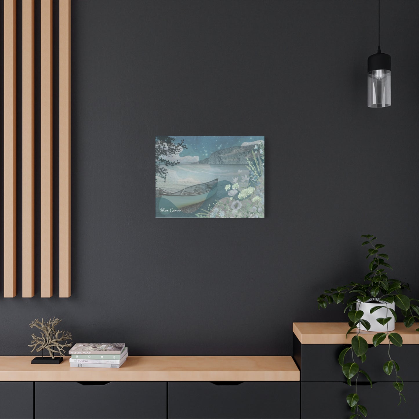Blue Canoe Serene Landscape Canvas wall Art for Lakeside Airbnb Vacation Rental Homes Vista Nuovo Fine Art Prints by Juliana2me