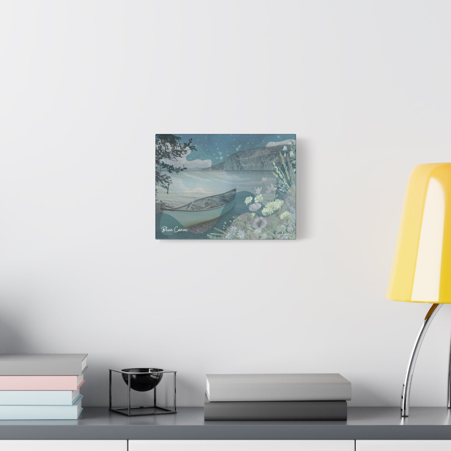 Blue Canoe Serene Landscape Canvas wall Art for Lakeside Airbnb Vacation Rental Homes Vista Nuovo Fine Art Prints by Juliana2me