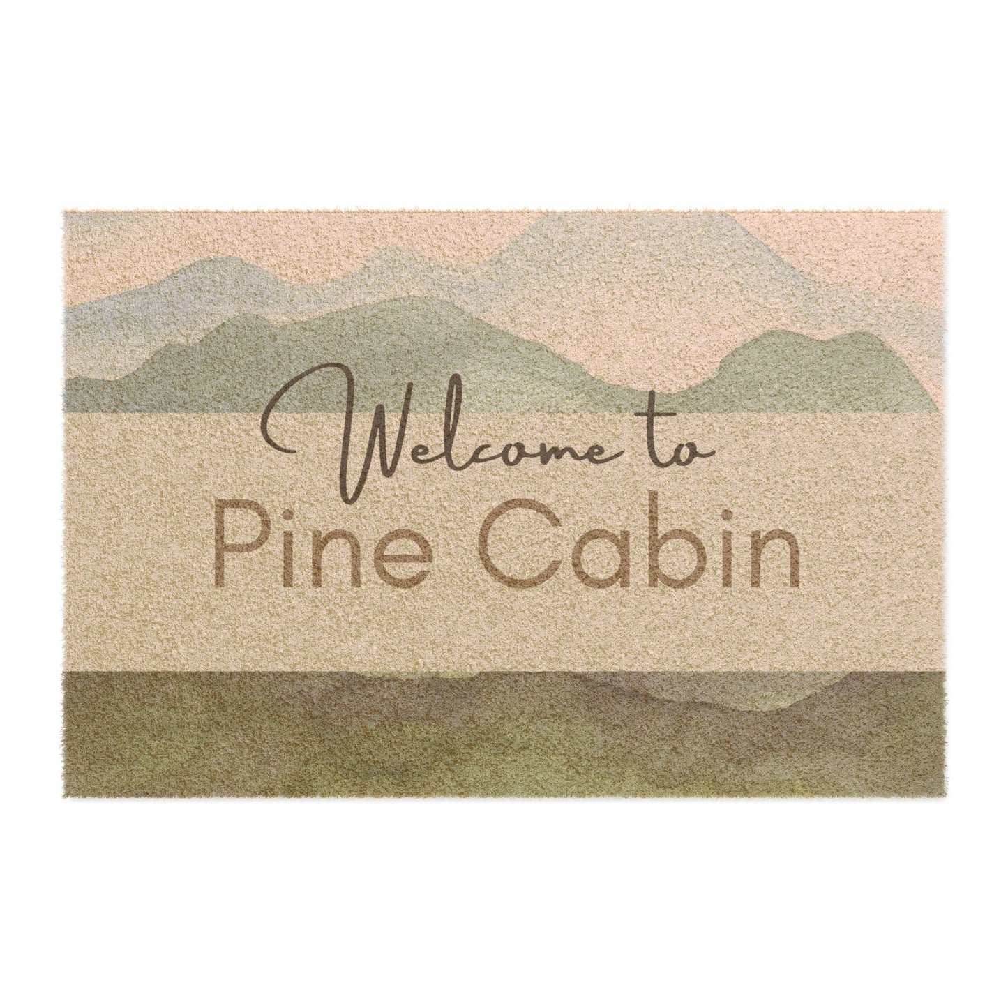 Doormat - Personalized Airbnb Welcome Message with Soft Mountain Backdrop Vista Nuovo Fine Art Prints by Juliana2me
