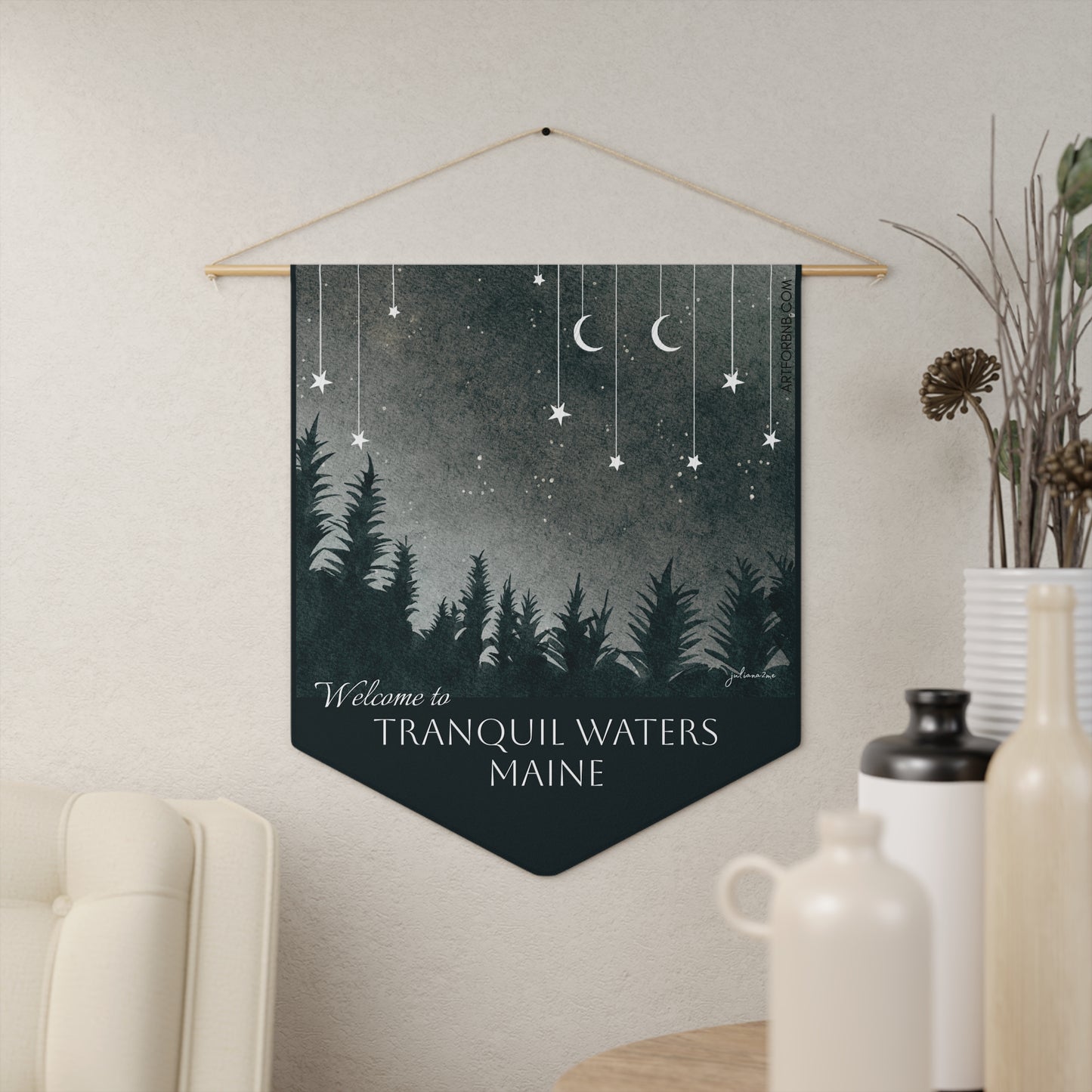 Tanquil Waters Maine Welcome Pennant Banner with Moon Stars and Forest to welcome guests Vista Nuovo Fine Art Prints by Juliana2me