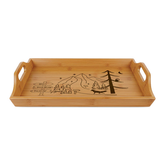 Engraved Bamboo Serving Tray — Mountain Camping Scene