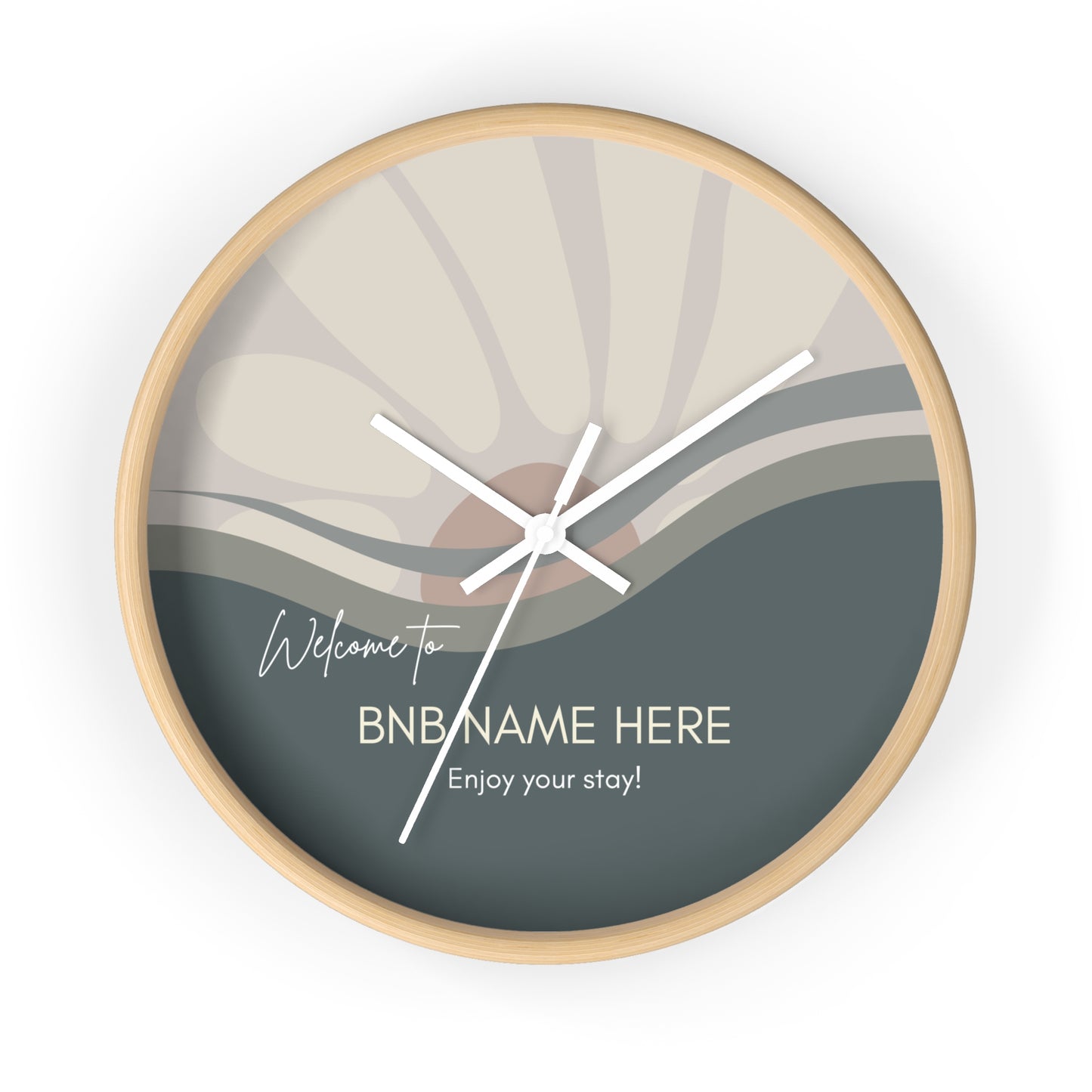 Sun Flower Wall Clock - Modern Minimal Style with Customizable Vacation Rental Home Name Vista Nuovo Fine Art Prints by Juliana2me