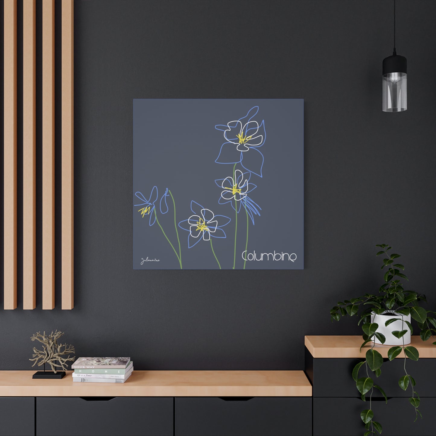 Blue Colombine Floral Line Art Canvas Print, Stretched Wall Decor, Modern Home Art, , Botanical Artwork, Blue Flower Print for Airbnb Vacation Homes Vista Nuovo Fine Art Prints by Juliana2me