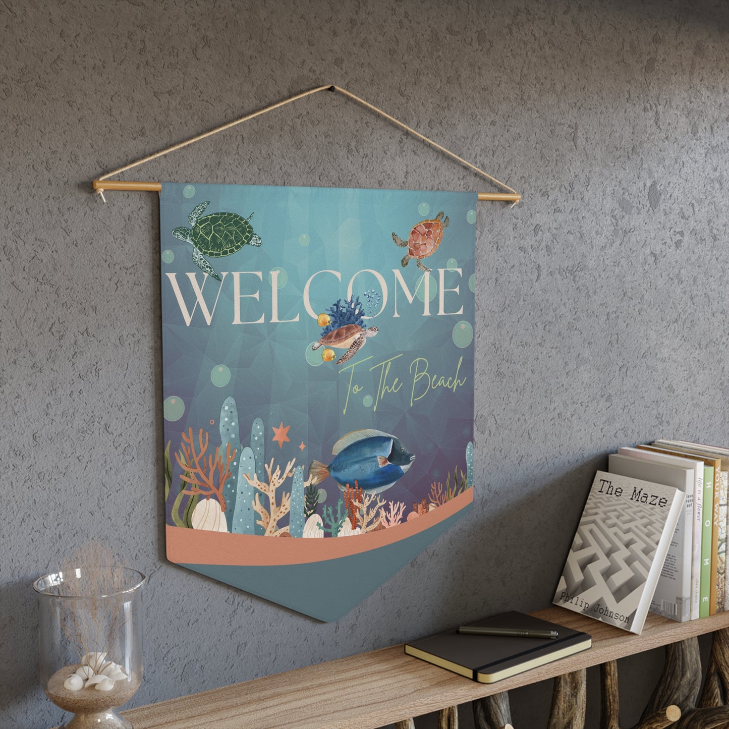 Pennant Wall Decor -Beach Welcome Sign with Sea Turtles Coral, Fish in Ocean Colors Vista Nuovo Fine Art Prints by Juliana2me