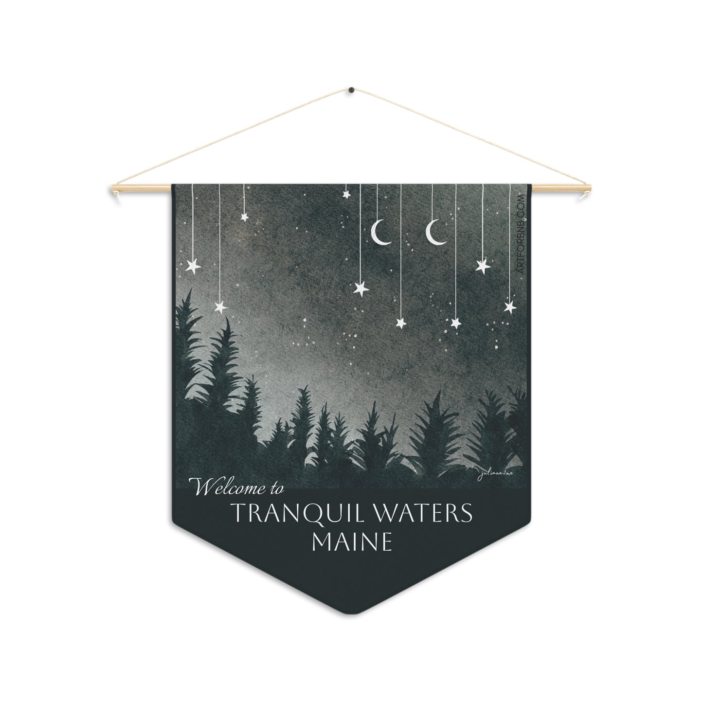 Tanquil Waters Maine Welcome Pennant Banner with Moon Stars and Forest to welcome guests Vista Nuovo Fine Art Prints by Juliana2me