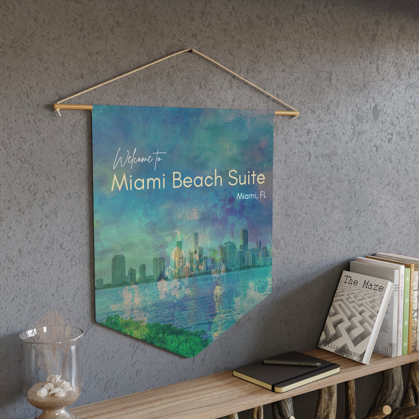 Welcome to Miami Beach Suite Pennant, Coastal Home Decor, Airbnb Beach House Wall Art, Personalized with the name of your STR Vista Nuovo Fine Art Prints by Juliana2me