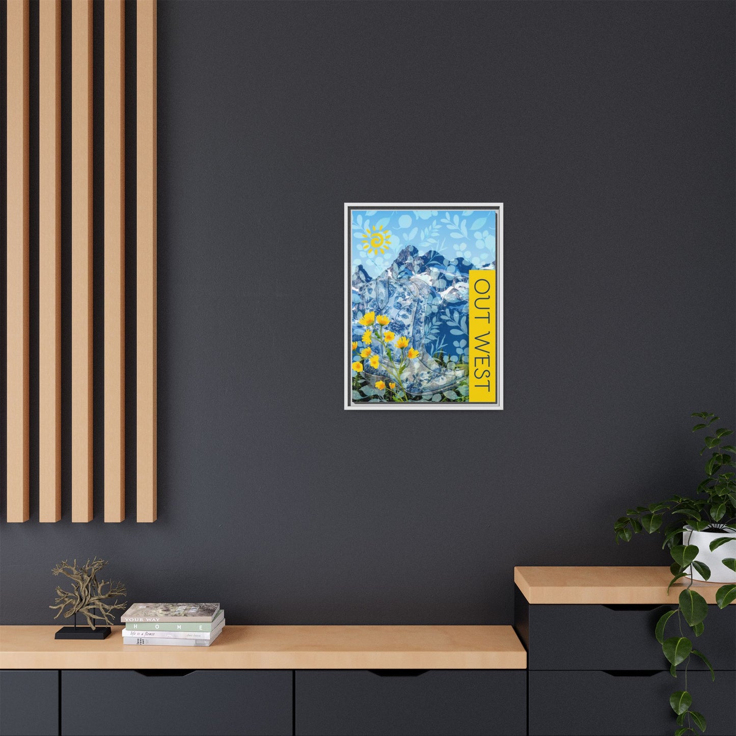 "Out West" Themed Framed Canvas Art, Colorful Mountain Decor, Western Style Wall Art, for Airbnb Home and Cabin Decor Vista Nuovo Fine Art Prints by Juliana2me