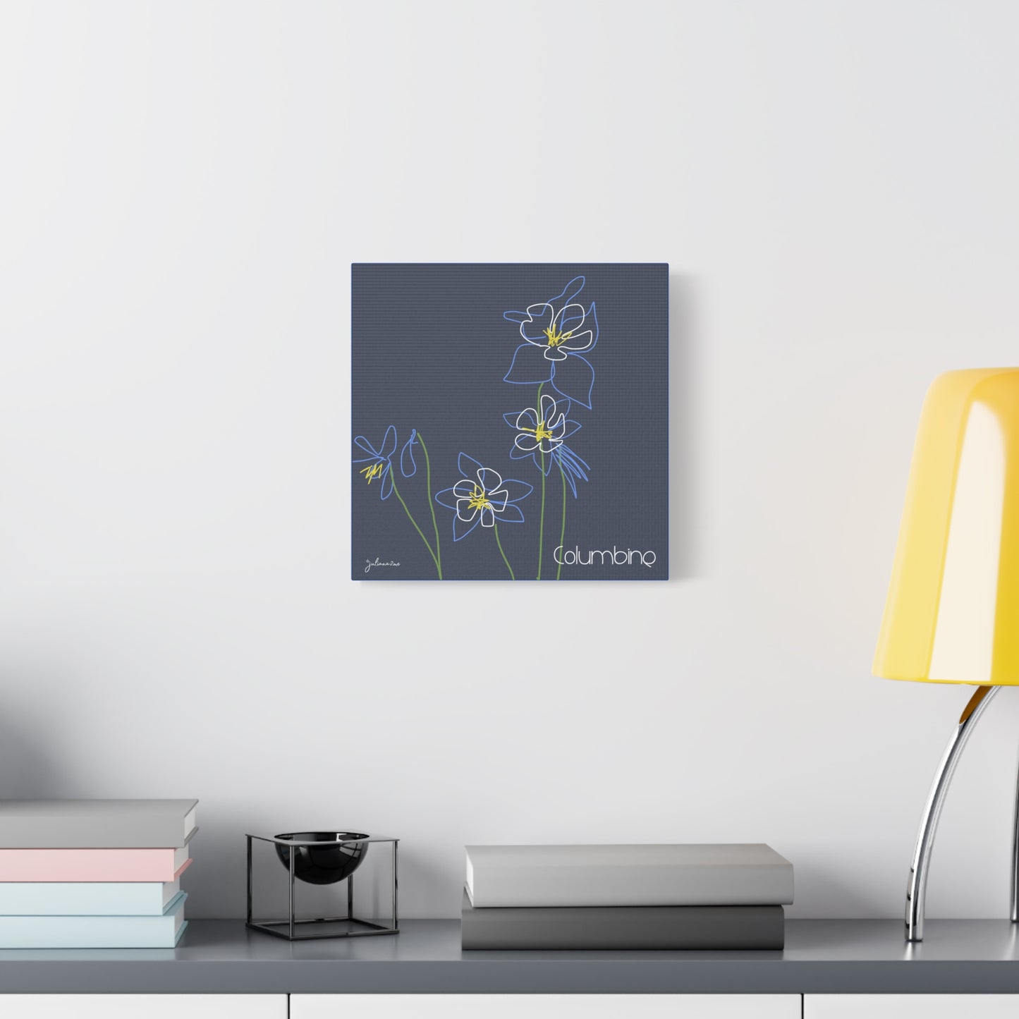 Blue Colombine Floral Line Art Canvas Print, Stretched Wall Decor, Modern Home Art, , Botanical Artwork, Blue Flower Print for Airbnb Vacation Homes Vista Nuovo Fine Art Prints by Juliana2me
