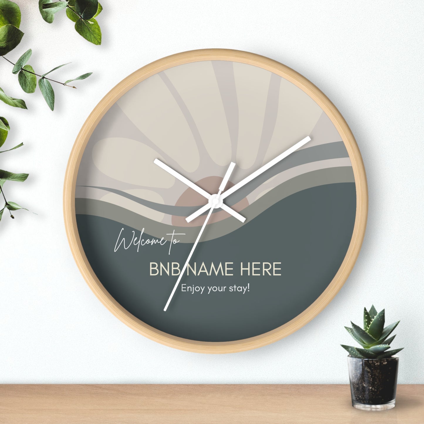 Sun Flower Wall Clock - Modern Minimal Style with Customizable Vacation Rental Home Name Vista Nuovo Fine Art Prints by Juliana2me