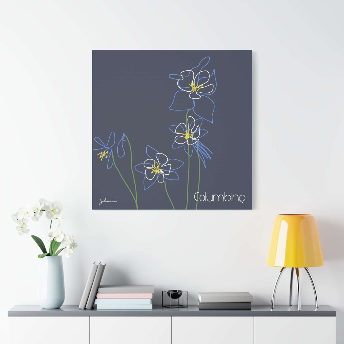 Blue Colombine Floral Line Art Canvas Print, Stretched Wall Decor, Modern Home Art, , Botanical Artwork, Blue Flower Print for Airbnb Vacation Homes Vista Nuovo Fine Art Prints by Juliana2me