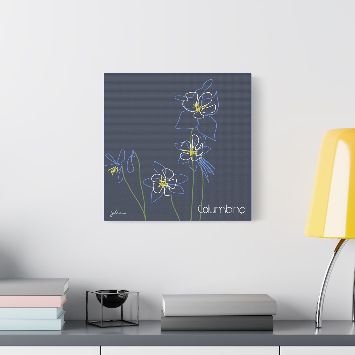Blue Colombine Floral Line Art Canvas Print, Stretched Wall Decor, Modern Home Art, , Botanical Artwork, Blue Flower Print for Airbnb Vacation Homes Vista Nuovo Fine Art Prints by Juliana2me