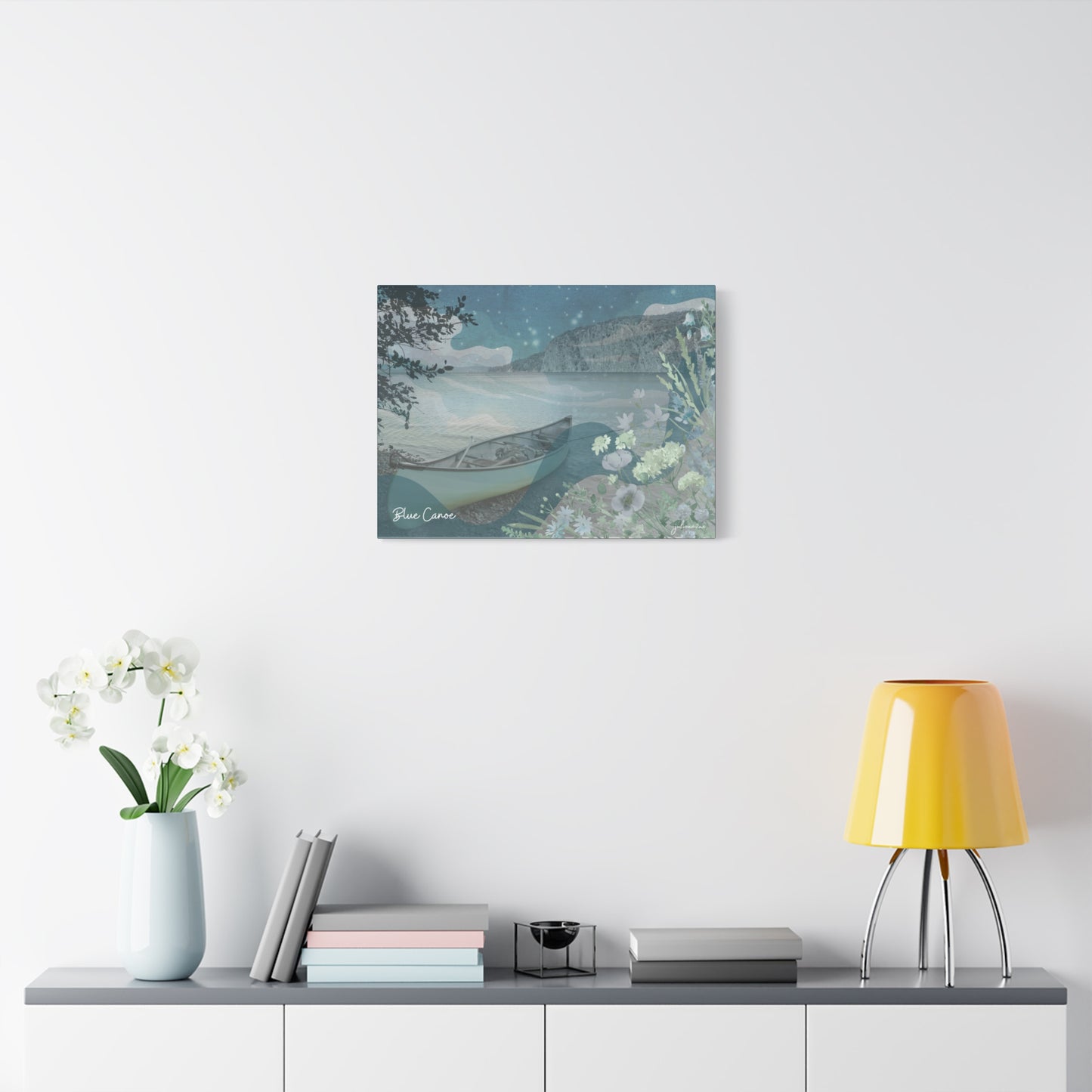 Blue Canoe Serene Landscape Canvas wall Art for Lakeside Airbnb Vacation Rental Homes Vista Nuovo Fine Art Prints by Juliana2me