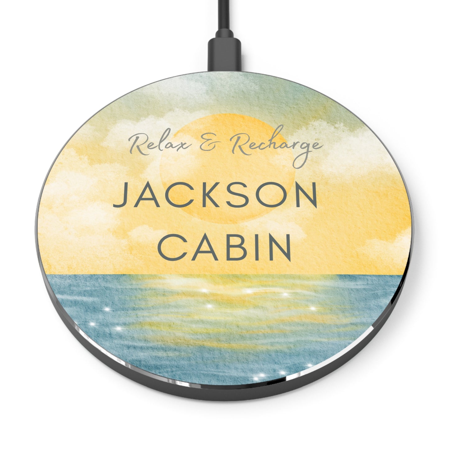 Wireless Charger - Morning Sea Watercolor with Custom Airbnb Vacation Rental Name Vista Nuovo Fine Art Prints by Juliana2me