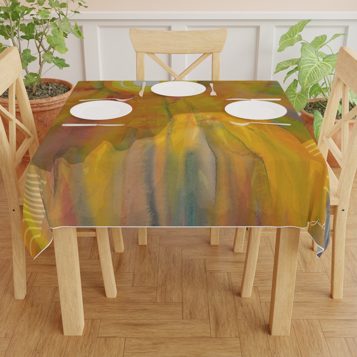 Sun on Butte Vibrant Sunrise Tablecloth - Colorful Watercolor Design for Dining Table of your Airbnb in the Desert Vista Nuovo Fine Art Prints by Juliana2me